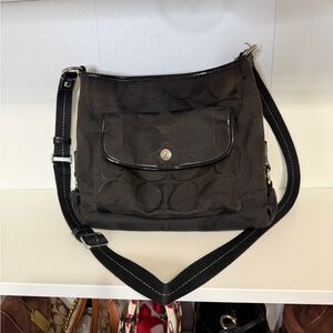 COACH Kyra Daisy Black Signature Jacquard Patent Leather Crossbody Shoulder Bag